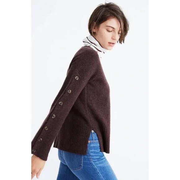 MADEWELL Solid Brown Button-Sleeve Alpaca Wool Round Neck Pullover Sweater Small - Picture 2 of 10